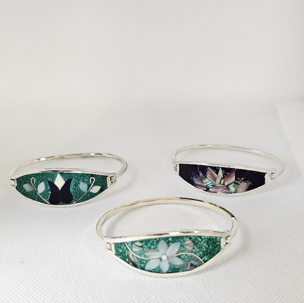 Vintage 3 Crushed Turquoise & Abalone Alpaca Silver Bracelets!